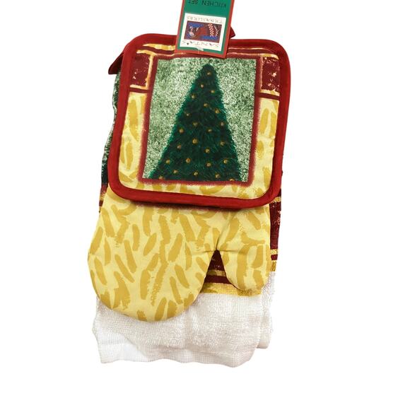 Santa’s Treasures Christmas Tree Kitchen Set 3pc Oven Mitt Towel Pot Holder - Picture 5 of 5